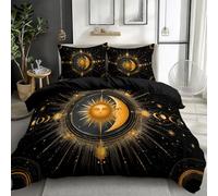 Duvet Set Super King Black Fantasy Mystical Elements Celestial Bodies 260 x 220 cm, Easy Care Soft Hypoallergenic Brushed Premium Microfibre Fabric - Duvet Cover, Non Iron Bedding Sets.