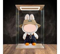 DuvinDD Acrylic Display Case with LED light for Labubu the Monster Zimomo Fall in Wild H40cm Dolls,Clear Acrylic Display Box for Collectibles Dustproof Protection Showcase(25x20x40cm,Woodgrain)