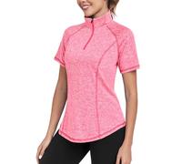 DUVOWE Women's Quarter Zip Gym Tops - Short Sleeve Lightweight Quick Dry Workout T-Shirts for Running, Yoga, Moisture Wicking Loose Fit Sports Shirts Summer Cherry Red