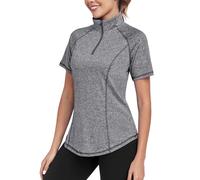 DUVOWE Women's Quarter Zip Gym Tops - Short Sleeve Lightweight Quick Dry Workout T-Shirts for Running, Yoga, Moisture Wicking Loose Fit Sports Shirts Summer Grey