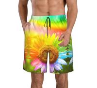 DUWAA 3D Colorful Sunflower Print Quick Dry Shorts for Men, Lightweight Summer Beach Shorts with Pockets, Elastic Waistband White