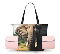 DUWAA African Elephant Print Large Work Tote Bag with Yoga Mat Holder, Large Size Pocket Everyday Bag for Yoga Gym