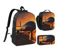 DUWAA airplane at sunset print Backpack 3pcs Set Including 17 Inch Large BookBag With Lunch Bag And Practical Pen Bag, Black, One Size