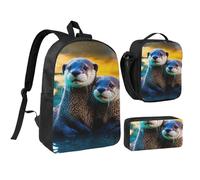DUWAA Animal Cute Brown Otters print Backpack Set Casual Shoulder Bag Lunch Bag Pen Pouch 3 in 1 Set 17inch for Women Men College, Black, One Size