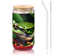 DUWAA Animal Frog Green Leaf Leaves Drinking Glasses With Bamboo Lids And Glass Straw-16oz Can Shaped Glass Cups,Beer Glasses