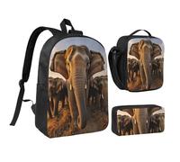 DUWAA Asian Elephant print Backpack Set Casual Shoulder Bag Lunch Bag Pen Pouch 3 in 1 Set 17inch for Women Men College, Black, One Size