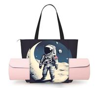 DUWAA Astronaut On The Moon Print Large Work Tote Bag with Yoga Mat Holder, Large Size Pocket Everyday Bag for Yoga Gym