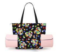 DUWAA Autism Awareness Puzzle Pieces Heart Print Large Work Tote Bag with Yoga Mat Holder, Large Size Pocket Everyday Bag for Yoga Gym