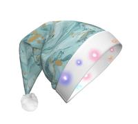 DUWAA Azurite Teal And Foil Gold Oil Marble Pattern Print Light Up Christmas Hat With 3 Blinking Color, Adults Led Soft Faux Santa Cap For Party