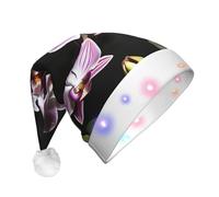 DUWAA Bell Orchid Pattern Print Funny Light Up Santa Hat With Blinking Color, Led Soft Faux Christmas Hat For Adults