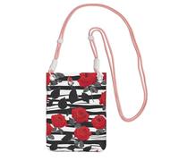 DUWAA Black White Stripes Red Rose Flowers Print Crossbody Bag For Women, Shoulder Bag Purse, Travel Sport Mini Phone Bag, Pink, One Size