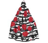 DUWAA Black White Stripes Red Rose Flowers print Halloween Hooded Robe Cloak for Adult Men Women Wizard Vampire Knight Fancy Cool Cape Costume