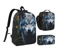 DUWAA Blue Eyes Wolf1 print Backpack 3pcs Set Including 17 Inch Large BookBag With Lunch Bag And Practical Pen Bag, Black, One Size