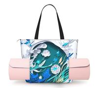 DUWAA Blue Fly Dragonfly Print Large Work Tote Bag with Yoga Mat Holder, Large Size Pocket Everyday Bag for Yoga Gym