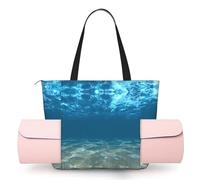 DUWAA Blue Ocean Sea Wavy Seascape Print Large Work Tote Bag with Yoga Mat Holder, Large Size Pocket Everyday Bag for Yoga Gym