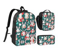 DUWAA Bunny Rabbits print Backpack Set Casual Shoulder Bag Lunch Bag Pen Pouch 3 in 1 Set 17inch for Women Men College, Black, One Size
