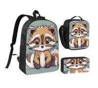 DUWAA Cartoon cute raccoon print Backpack 3pcs Set Including 17 Inch Large BookBag With Lunch Bag And Practical Pen Bag, Black, One Size