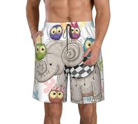 DUWAA Cartoon Elephant and Owls Floral Print Quick Dry Shorts for Men, Lightweight Summer Beach Shorts with Pockets, Elastic Waistband White