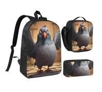 DUWAA cartoon pigeon 1 print Backpack 3pcs Set Including 17 Inch Large BookBag With Lunch Bag And Practical Pen Bag, Black, One Size