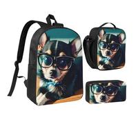 DUWAA Chihuahua Dog Glasses print Backpack 3pcs Set Including 17 Inch Large BookBag With Lunch Bag And Practical Pen Bag, Black, One Size