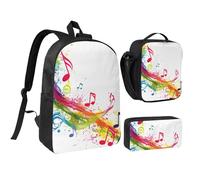 DUWAA Colorful Music Notes print Backpack 3pcs Set Including 17 Inch Large BookBag With Lunch Bag And Practical Pen Bag, Black, One Size, Black, One Size
