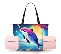DUWAA Colorful Starry Sky Ocean Dolphin Print Large Work Tote Bag with Yoga Mat Holder, Large Size Pocket Everyday Bag for Yoga Gym