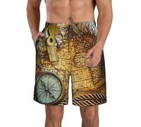 DUWAA Compass and Old World Map Print Quick Dry Shorts for Men, Lightweight Summer Beach Shorts with Pockets, Elastic Waistband White