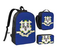 DUWAA Connecticut State Flag print Backpack Set Casual Shoulder Bag Lunch Bag Pen Pouch 3 in 1 Set 17inch for Women Men College, Black, One Size