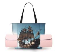 DUWAA Cool Pirate Ship Print Large Work Tote Bag with Yoga Mat Holder, Large Size Pocket Everyday Bag for Yoga Gym