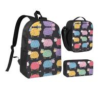 DUWAA Cute colorful sheep cartoon pattern print Backpack 3pcs Set Including 17 Inch Large BookBag With Lunch Bag And Practical Pen Bag, Black, One Size, Black, One Size
