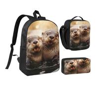DUWAA cute otter print Backpack 3pcs Set Including 17 Inch Large BookBag With Lunch Bag And Practical Pen Bag, Black, One Size