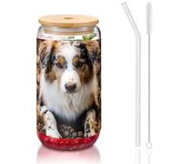 DUWAA Dog Bones Paw Prints Drinking Glasses With Bamboo Lids And Glass Straw-16oz Can Shaped Glass Cups,Beer Glasses