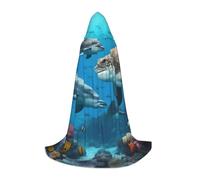 DUWAA Dolphins Sea Turtle Shark Octopus Coral Reef Print Halloween Hooded Cloak Cape Medieval Style For Christmas Party, Cosplay Masquerade Costumes