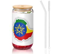 DUWAA Ethiopia Flag Map Drinking Glasses With Bamboo Lids And Glass Straw-16oz Can Shaped Glass Cups,Beer Glasses