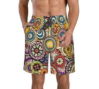 DUWAA Ethnic Circles Floral Pattern Print Men's Quick Dry Shorts with Pockets, Summer Beach Athletic Shorts, for Hiking Running Gym White