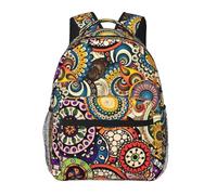 DUWAA Ethnic Circles Floral Pattern Print Shoulder Bag With 1 Large, 1 Front And 2 Side Pockets, Adults Water-Resistant Bookbag Backpack