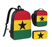 DUWAA Flag of Ghana print Backpack Set Casual Shoulder Bag Lunch Bag Pen Pouch 3 in 1 Set 17inch for Women Men College, Black, One Size