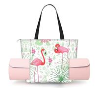 DUWAA Floral Flamingo Botany Print Large Work Tote Bag with Yoga Mat Holder, Large Size Pocket Everyday Bag for Yoga Gym