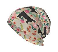 DUWAA Flower Cow Farm Print Adult Men's Knit Hat, Toboggan Hats, Unisex Warm Winter Beanie Hat, for Outdoor Activities Black
