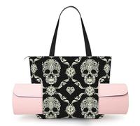 DUWAA Flowers Skull Ornamental Pattern Print Large Work Tote Bag with Yoga Mat Holder, Large Size Pocket Everyday Bag for Yoga Gym
