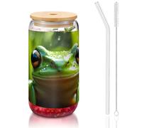 DUWAA Frog And Rain Drinking Glasses With Bamboo Lids And Glass Straw-16oz Can Shaped Glass Cups,Beer Glasses