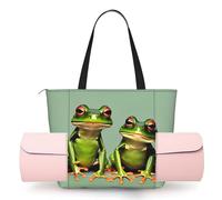 DUWAA Funny Green Frogs 1 Print Large Work Tote Bag with Yoga Mat Holder, Large Size Pocket Everyday Bag for Yoga Gym