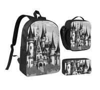 DUWAA gothic fairy tale castle04 print Backpack 3pcs Set Including 17 Inch Large BookBag With Lunch Bag And Practical Pen Bag, Black, One Size