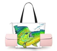 DUWAA Green Fish Print Large Work Tote Bag with Yoga Mat Holder, Large Size Pocket Everyday Bag for Yoga Gym