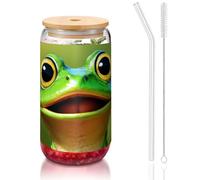 DUWAA Green Frog Drinking Glasses With Bamboo Lids And Glass Straw-16oz Can Shaped Glass Cups,Beer Glasses