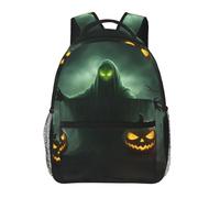 DUWAA Green Ghost Horror Halloween Pumpkin Print Shoulder Bag With 1 Large, 1 Front And 2 Side Pockets, Adults Water-Resistant Bookbag Backpack