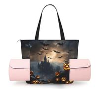 DUWAA Halloween Flying Bats 3 Print Large Work Tote Bag with Yoga Mat Holder, Large Size Pocket Everyday Bag for Yoga Gym