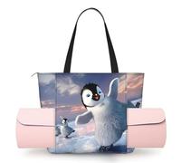 DUWAA Happy Penguin Print Large Work Tote Bag with Yoga Mat Holder, Large Size Pocket Everyday Bag for Yoga Gym