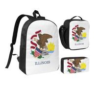 DUWAA Illinois State Flag print Backpack 3pcs Set Including 17 Inch Large BookBag With Lunch Bag And Practical Pen Bag, Black, One Size