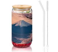 DUWAA Japan Mount Fuji Landscape print Drinking Glasses With Lids And Glass Straw-16oz Can Shaped Glass Cups,Beer Glasses